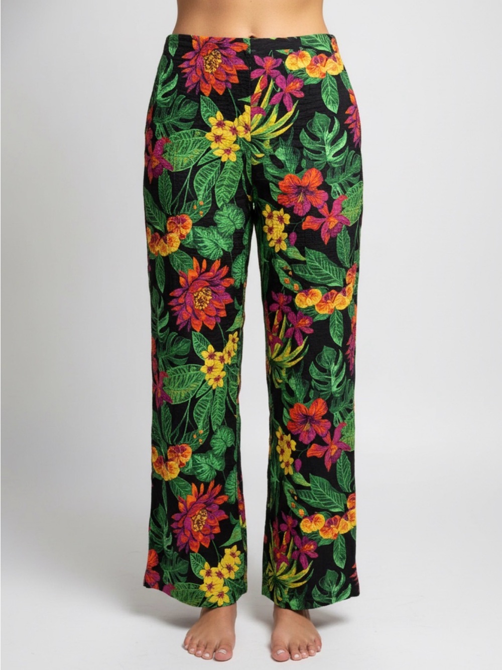 Panama Jack Tropical Floral Wide-Leg Pants & Kimono - Black, Green, Yellow, Pink - Picture 3 of 13